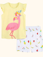 Yellow kids flamingo graphic top and white fruit print shorts set, front product view