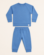 Sailor blue kids crew neck top and matching jogger pants with drawstring waist, flat lay front view