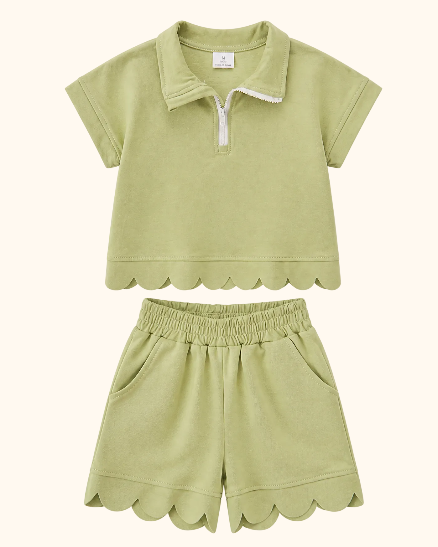 Scalloped Zipper Shorts Set - Sage