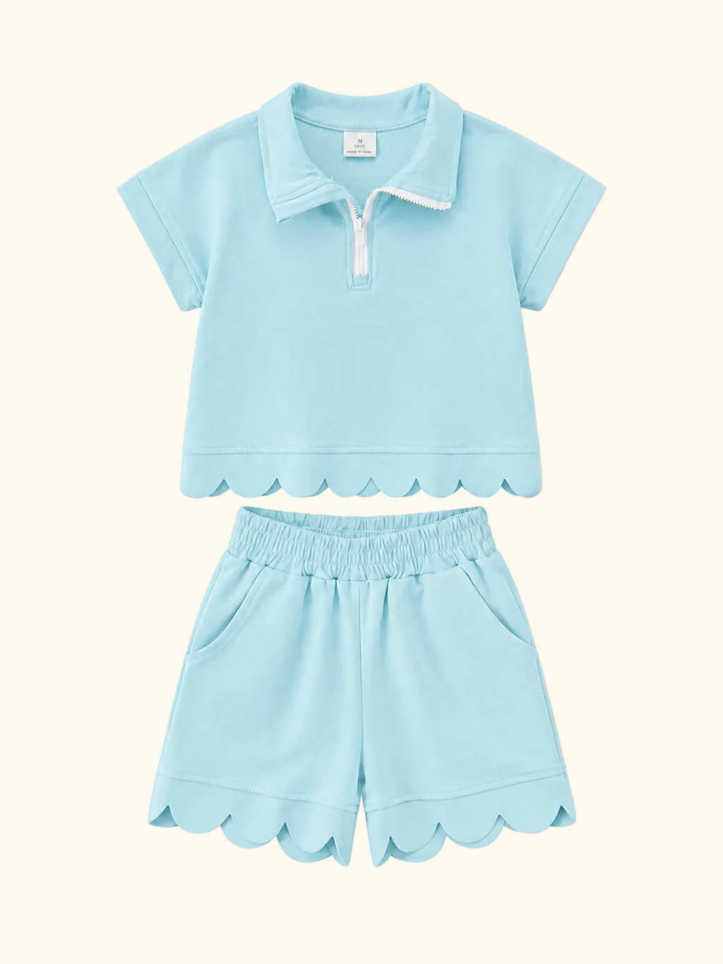 Scalloped Zipper Shorts Set - Light Blue