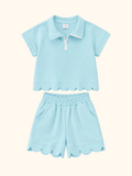 Scalloped Zipper Shorts Set - Light Blue
