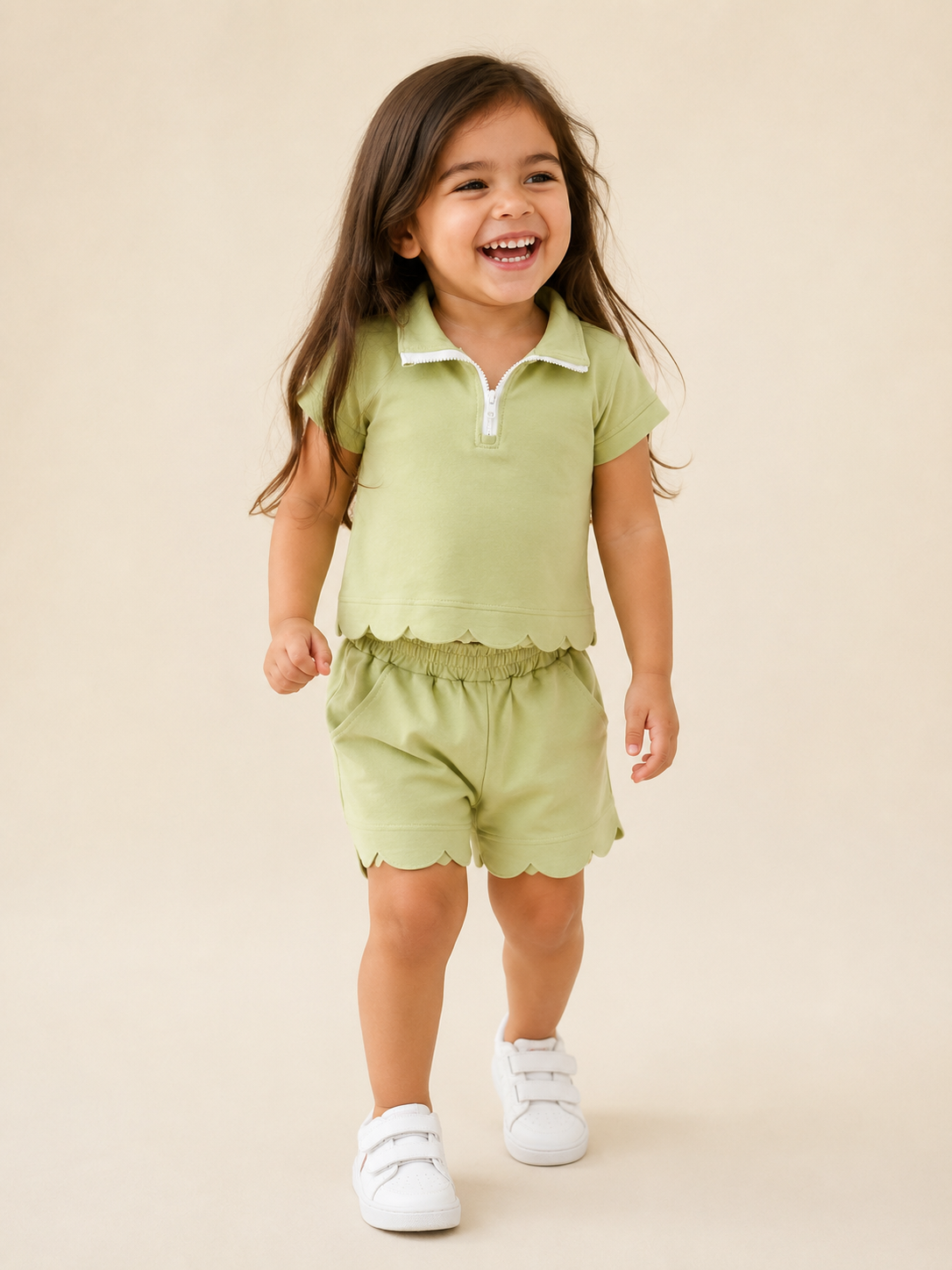 Scalloped Zipper Shorts Set - Sage