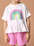 Kids Sequin Rainbow Ruffle Top and Pink Shorts Set