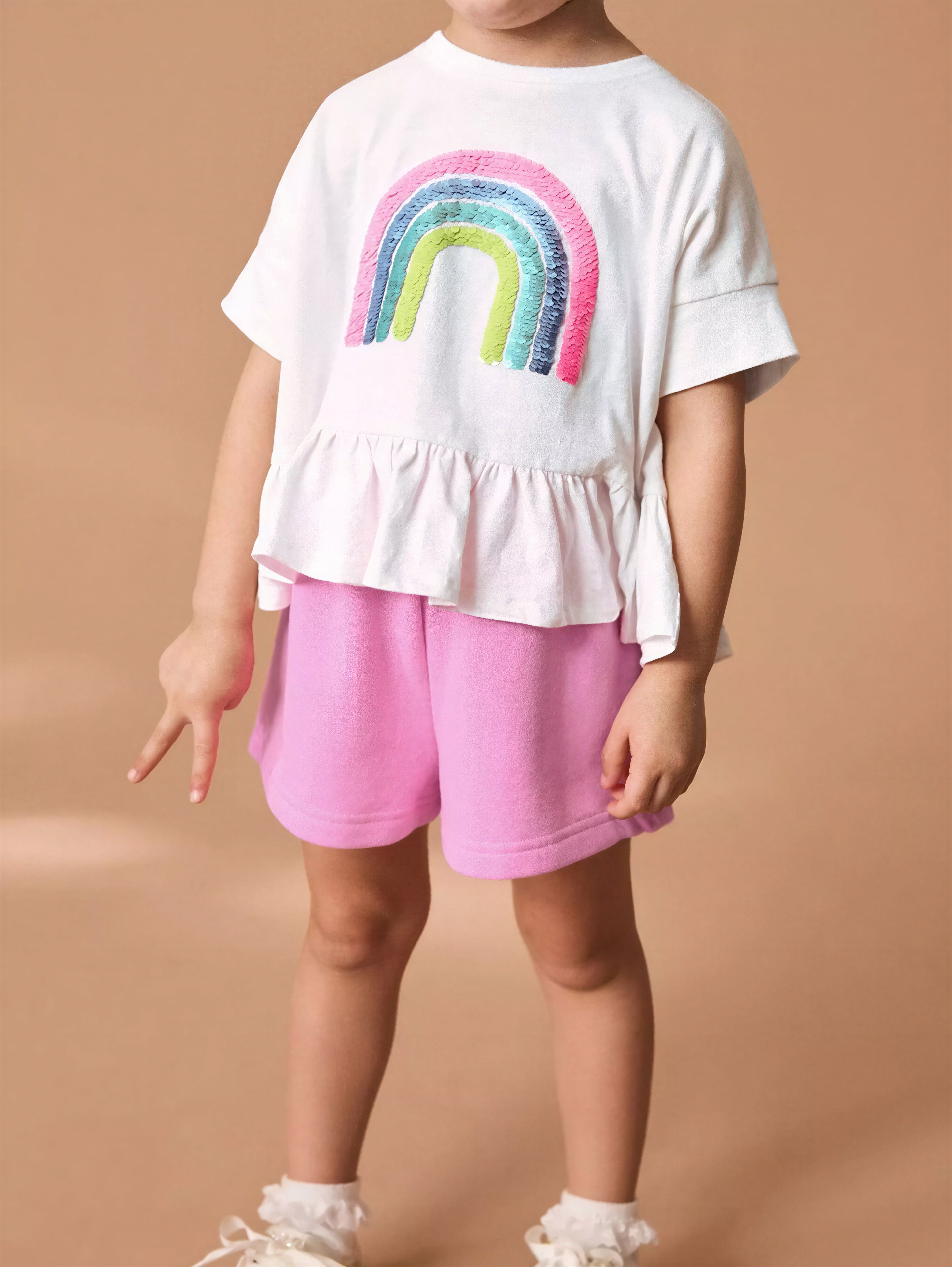 Sequin Rainbow Ruffle Hem Top and Shorts Set