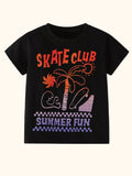Black kids Skate Club graphic T-shirt with palm tree, waves and skateboard, front product view