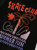 Black kids graphic T-shirt with palm tree, waves, skateboard and Summer Fun print, graphic close-up