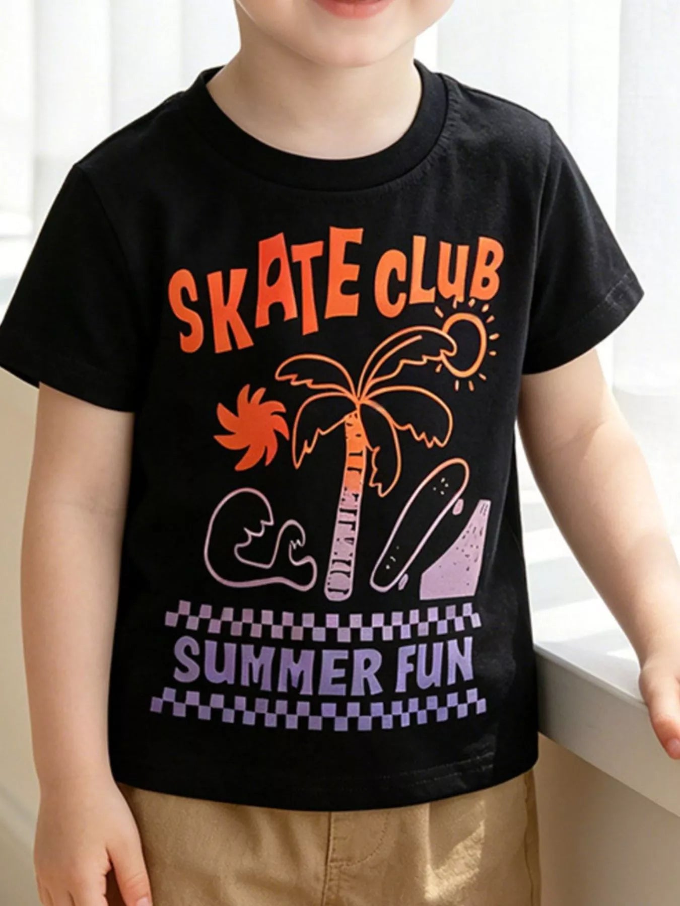 Black kids Skate Club Summer Fun graphic T-shirt, modeled front view
