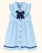 Sky blue kids button-front dress with navy bow, ruffled collar and contrast hem, front product view