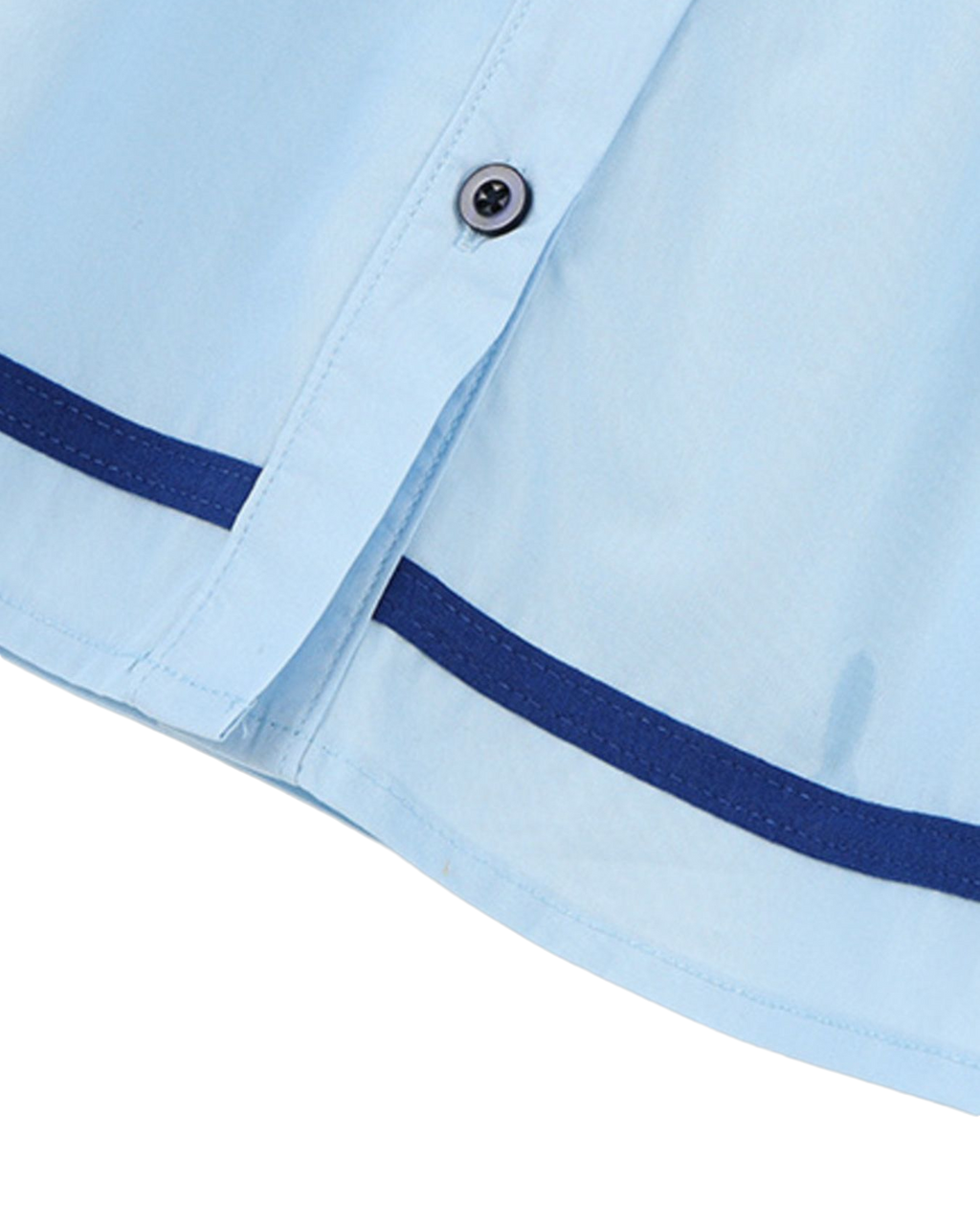 Sky blue kids button-front dress with navy contrast stripe, hem and button close-up