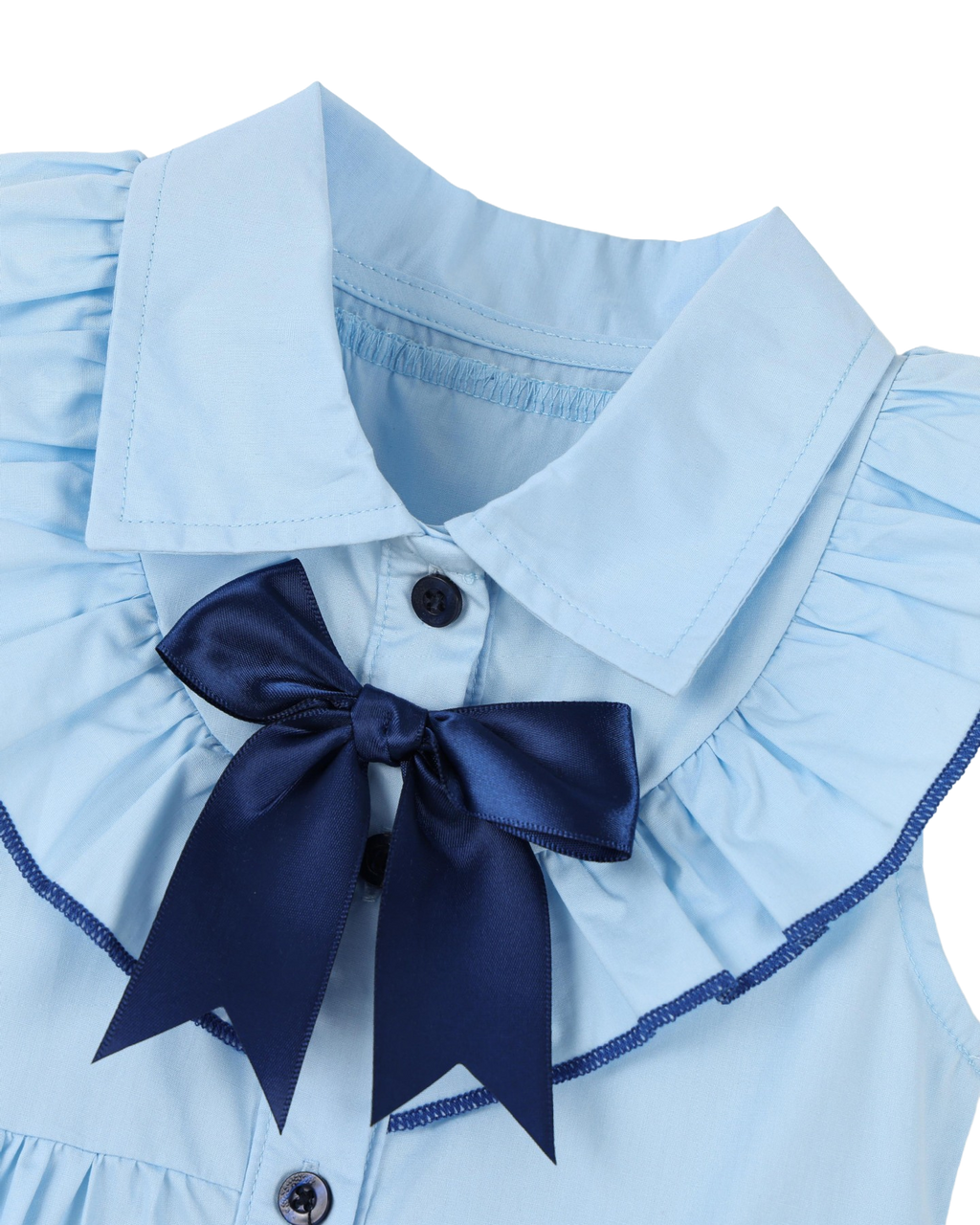 Sky blue kids dress with pointed collar, navy bow and ruffled shoulder trim, neckline close-up