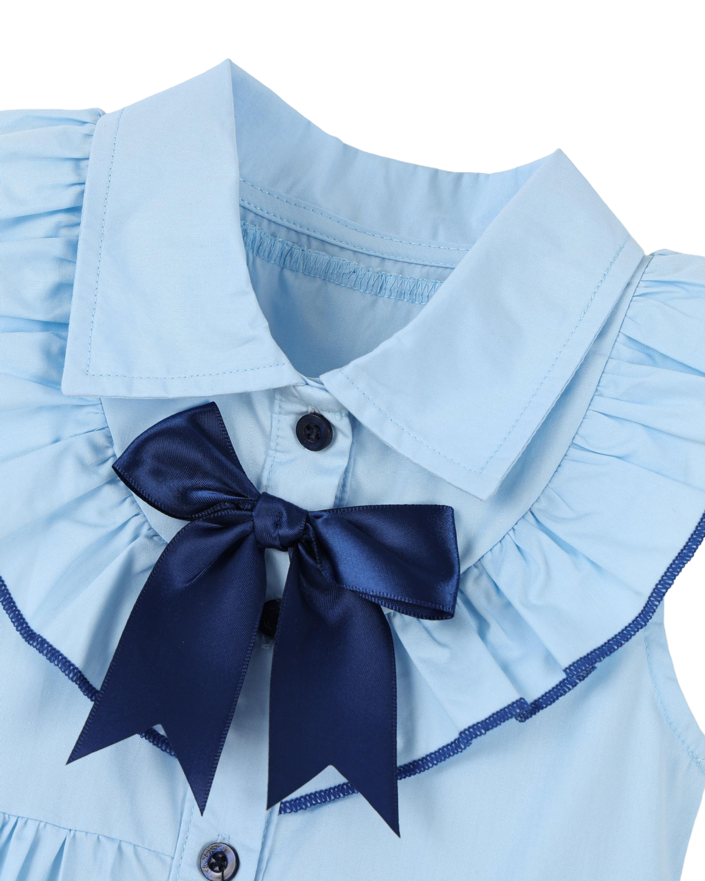 Sky blue kids dress with pointed collar, navy bow and ruffled shoulder trim, neckline close-up
