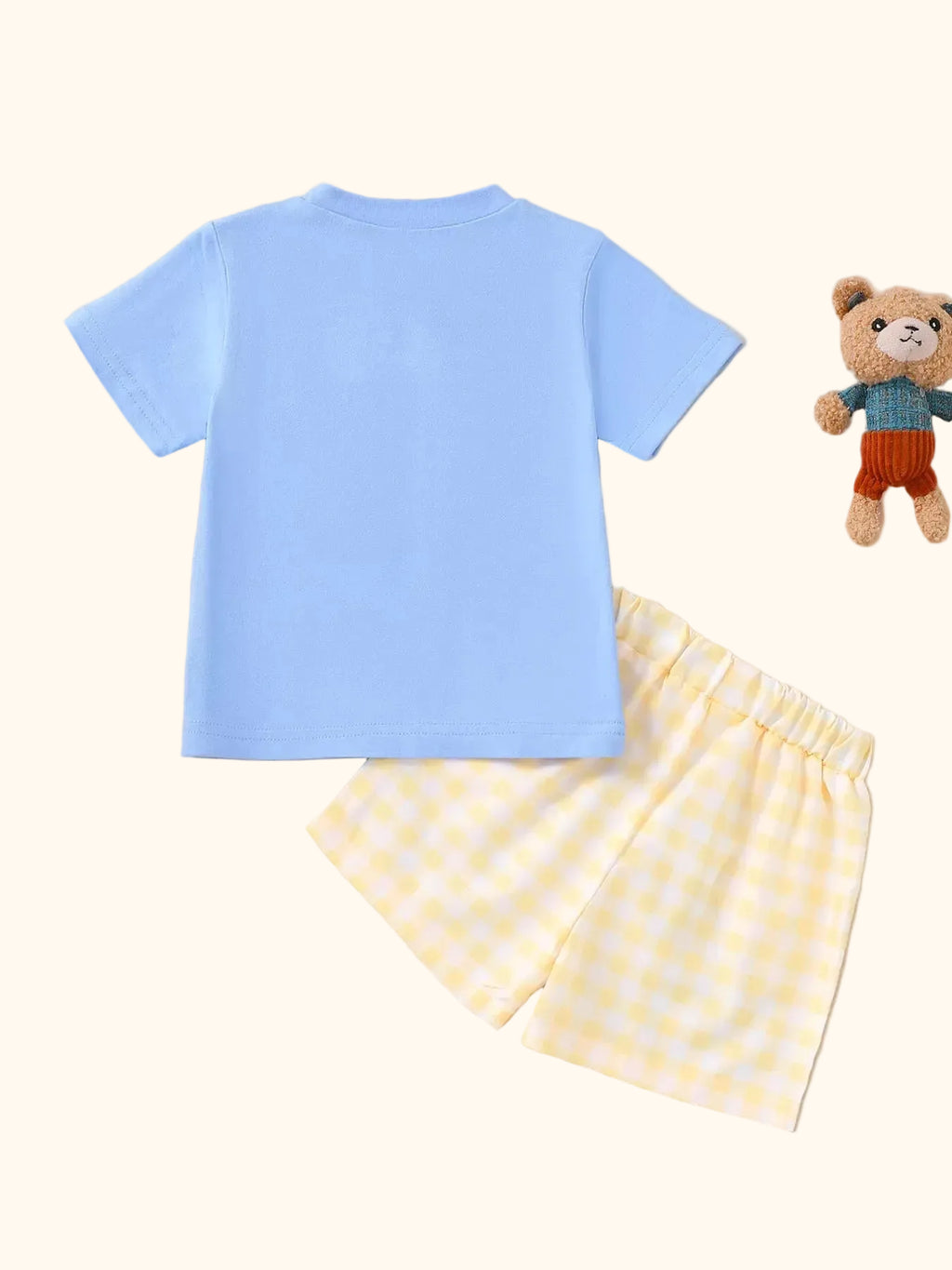 Sky blue puppy tee and yellow gingham shorts set with plain tee back, back product view