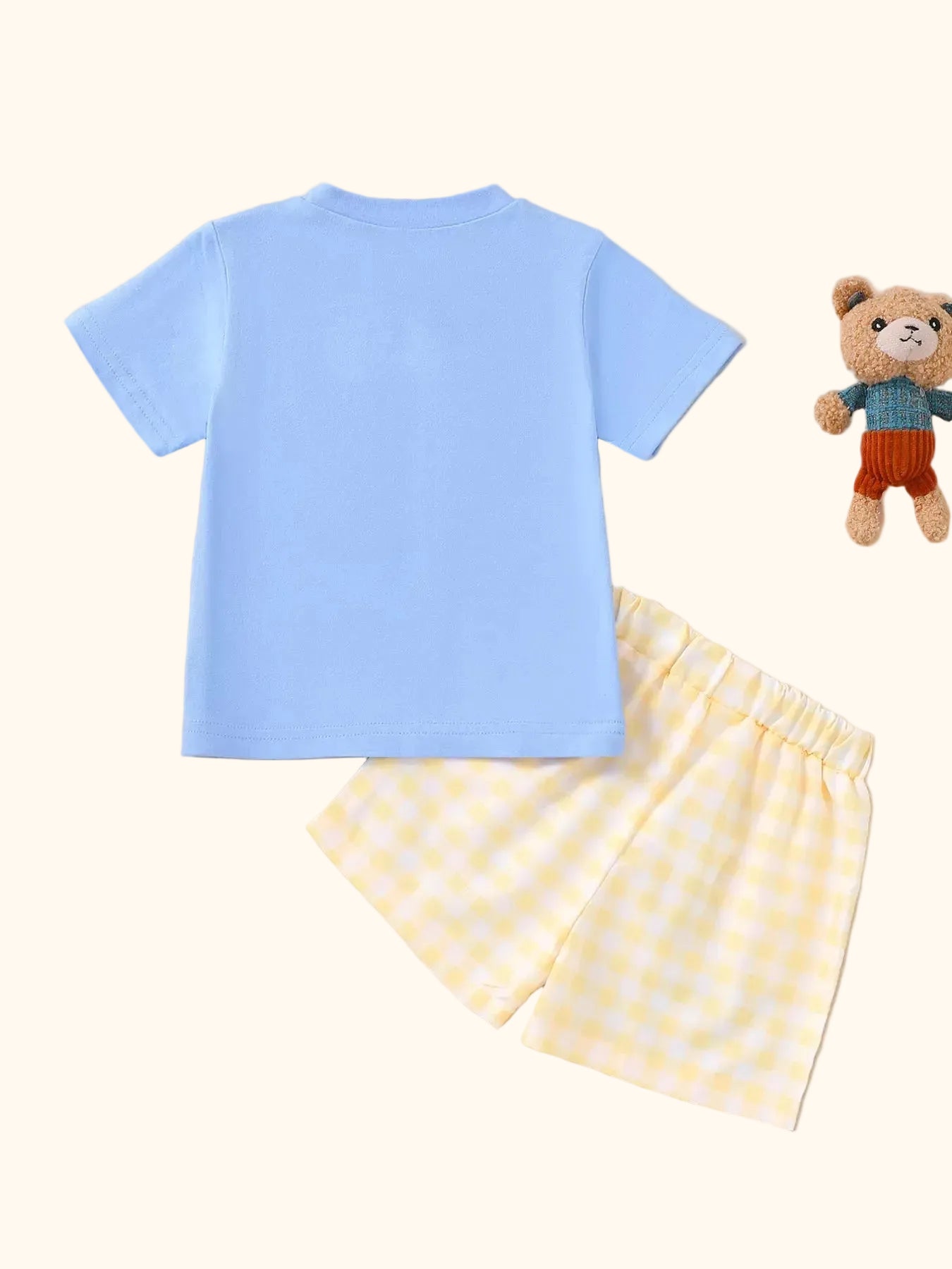 Sky blue puppy tee and yellow gingham shorts set with plain tee back, back product view
