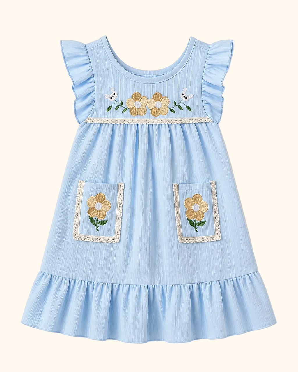 Sky blue kids floral embroidered pocket dress with ruffle sleeves and hem, front product view