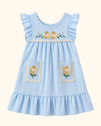 Sky blue kids floral embroidered pocket dress with ruffle sleeves and hem, front product view