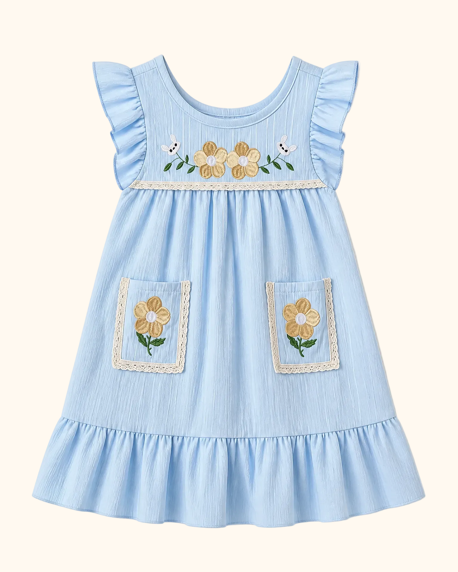 Sky blue kids floral embroidered pocket dress with ruffle sleeves and hem, front product view