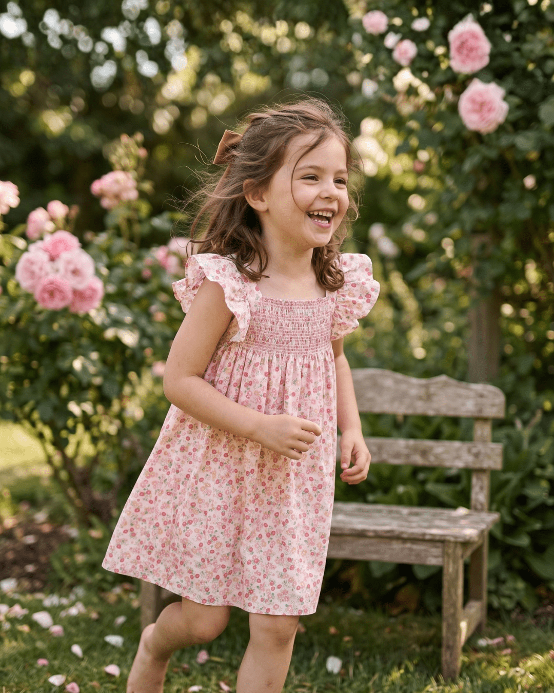 Pink kids strawberry floral smocked dress with flutter sleeves, modeled front view