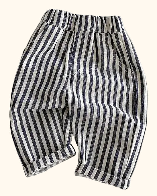 Striped kids elastic waist tapered trousers with front pockets and rolled cuffs, front view