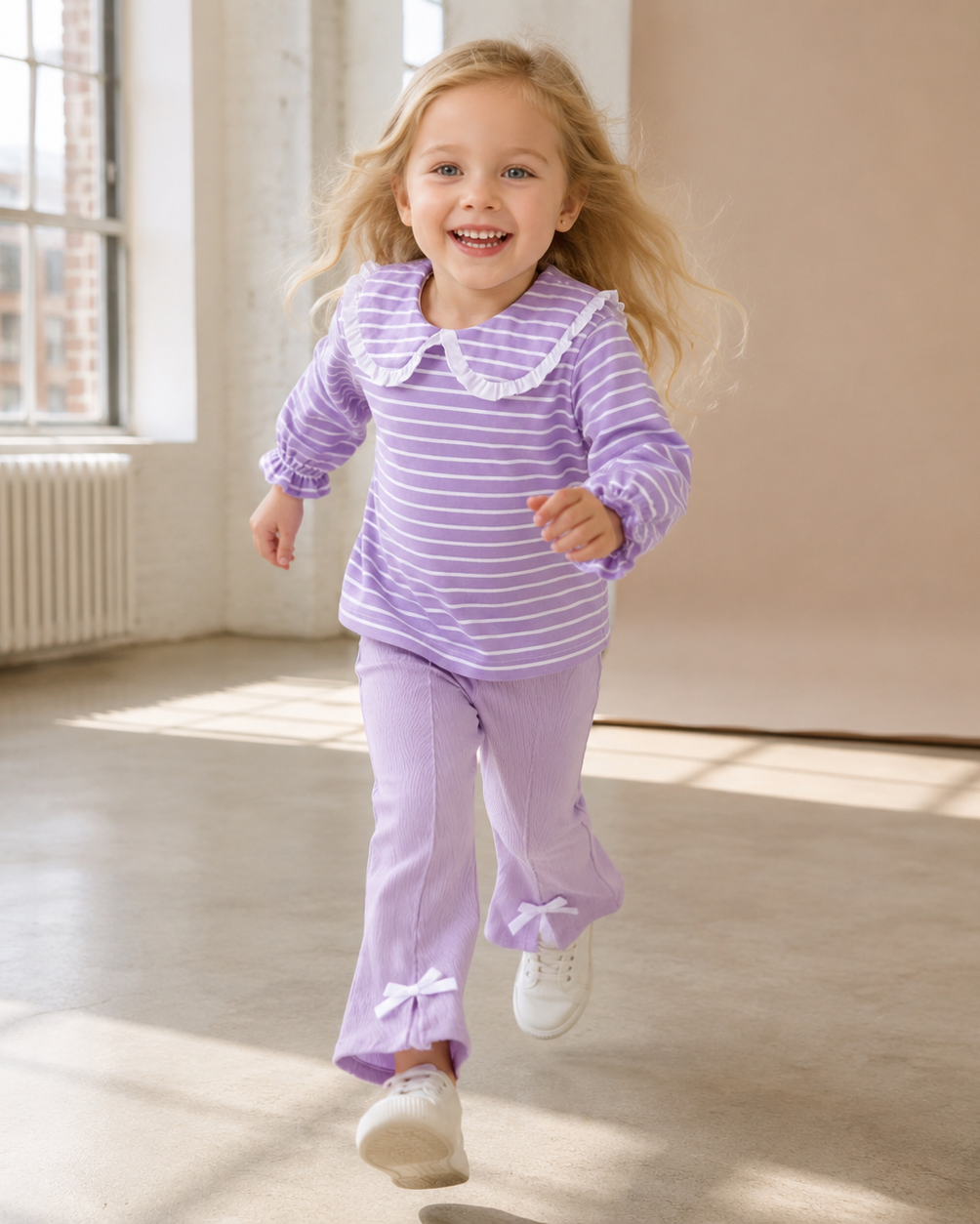 Striped Peter Pan Collar Top & Flared Pants Set