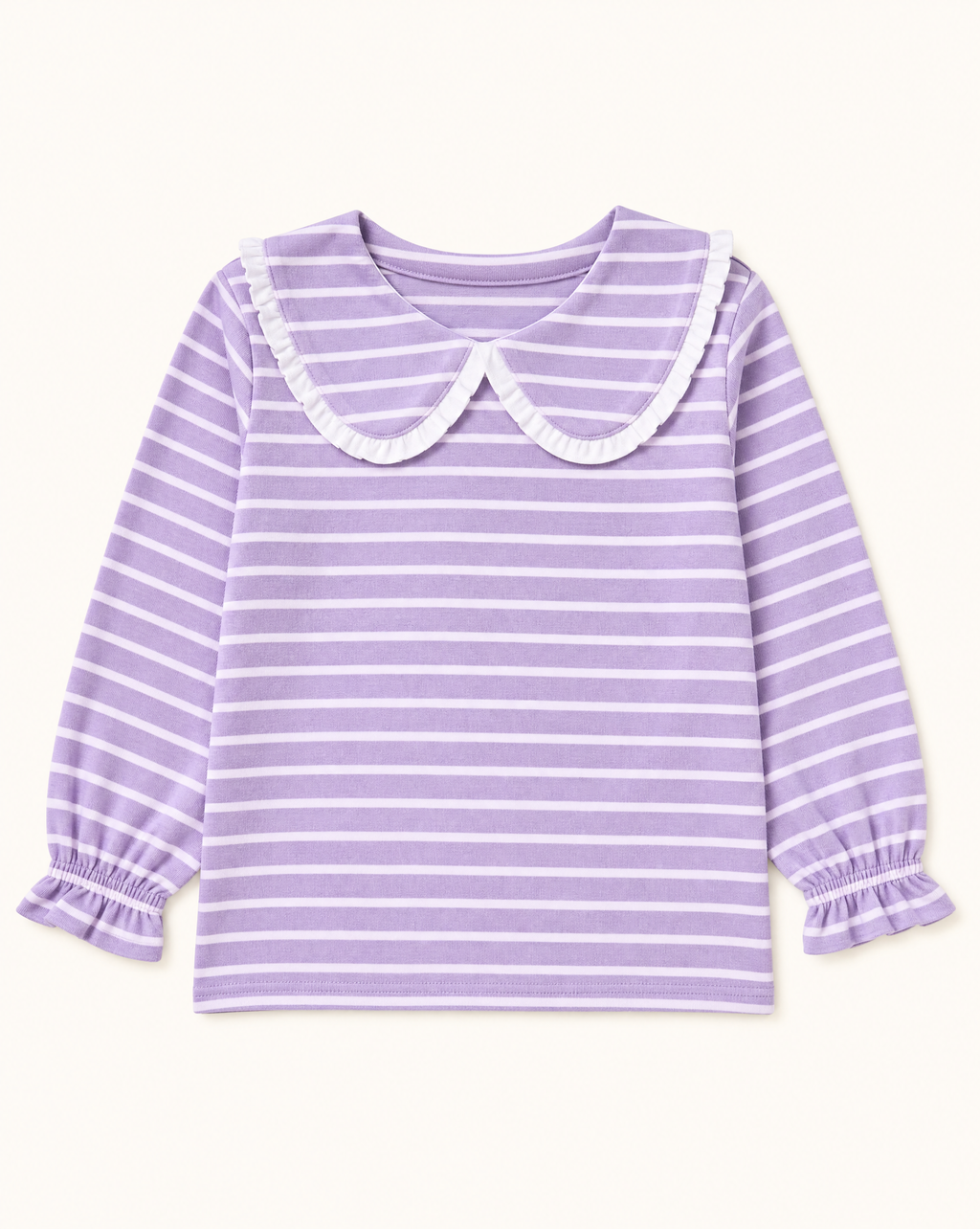 Lavender striped kids long-sleeve top with ruffled Peter Pan collar and cuffs, front view
