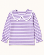 Lavender striped kids long-sleeve top with ruffled Peter Pan collar and cuffs, front view