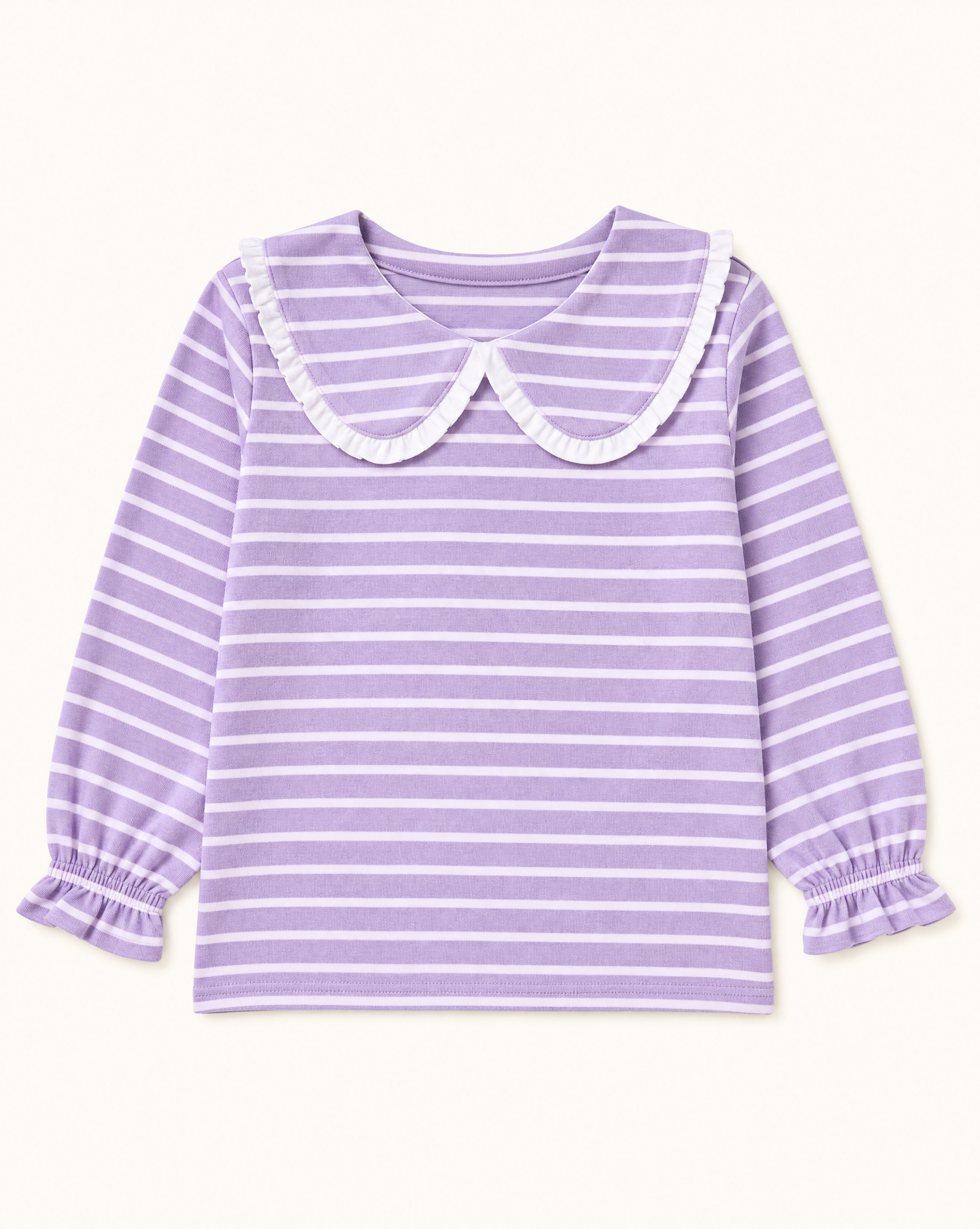 Lavender striped kids long-sleeve top with ruffled Peter Pan collar and cuffs, front view