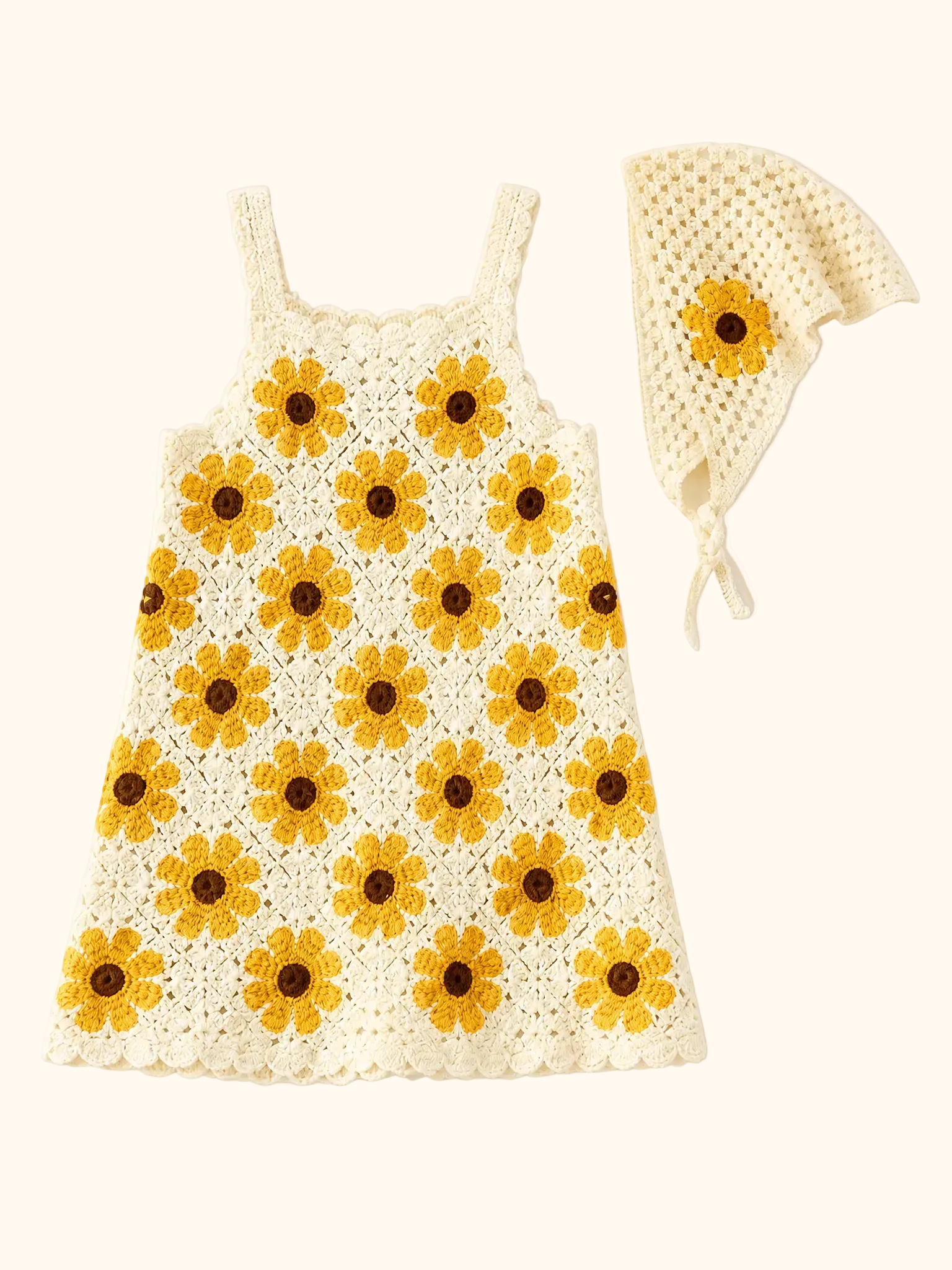 Crochet Sunflower Dress & Headscarf Set