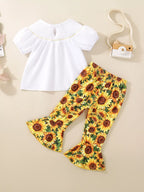 White smocked top and yellow sunflower bell bottom pants set with back keyhole detail, back product view