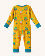 Yellow kids owl print bamboo pajama set with teal neckline and ankle cuffs, back product view