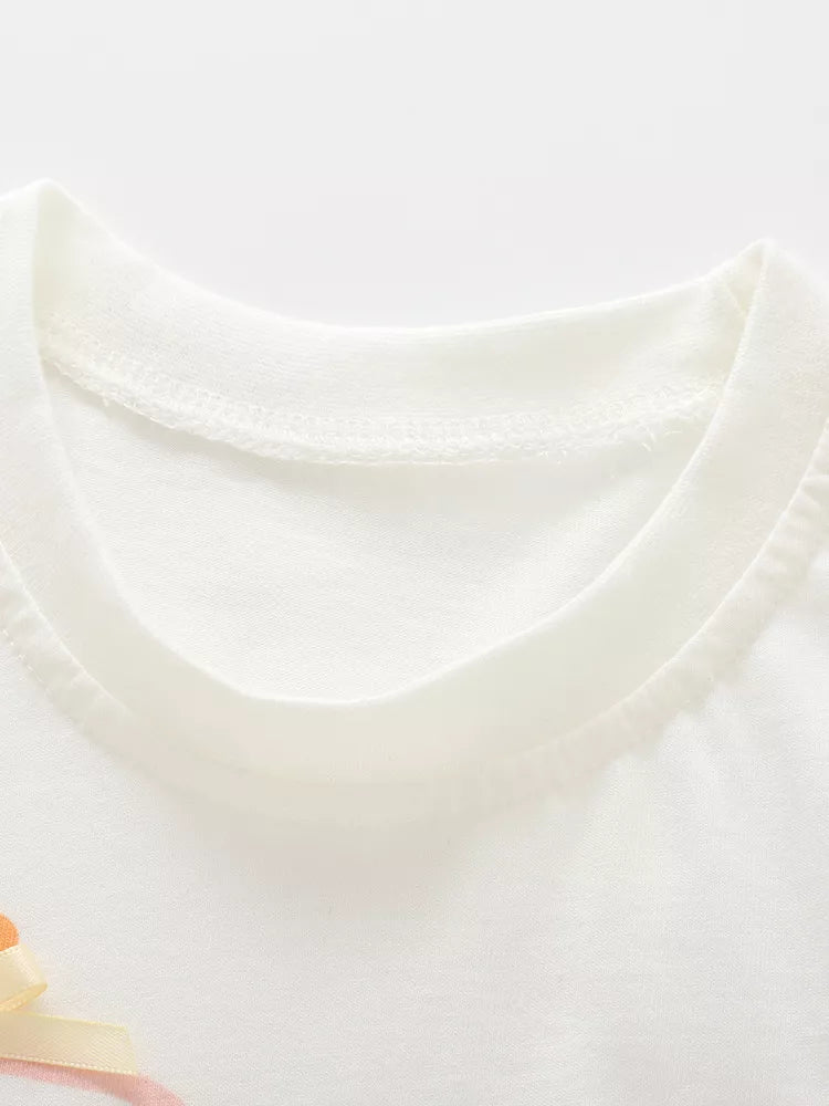 White kids ballet dancer T-shirt with round neckline, neckline close-up
