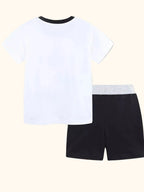 White kids T-shirt and black shorts set with contrast waistband, back product view