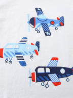 White kids T-shirt with three blue and red airplane graphics, front design close-up