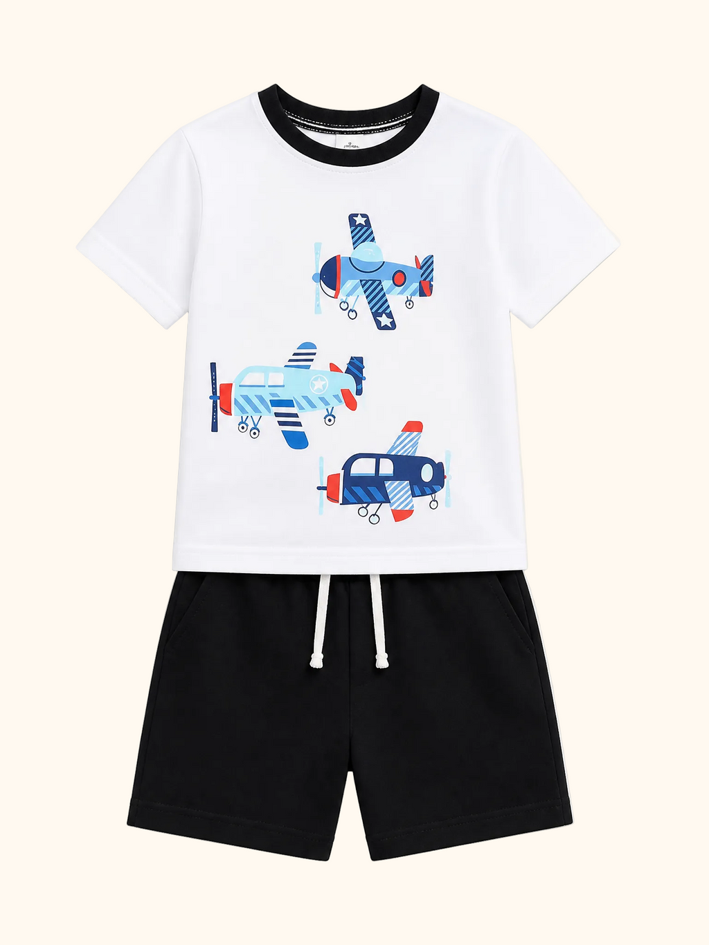 White kids airplane graphic T-shirt and black shorts set, front product view