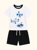 White kids airplane graphic T-shirt and black shorts set, front product view