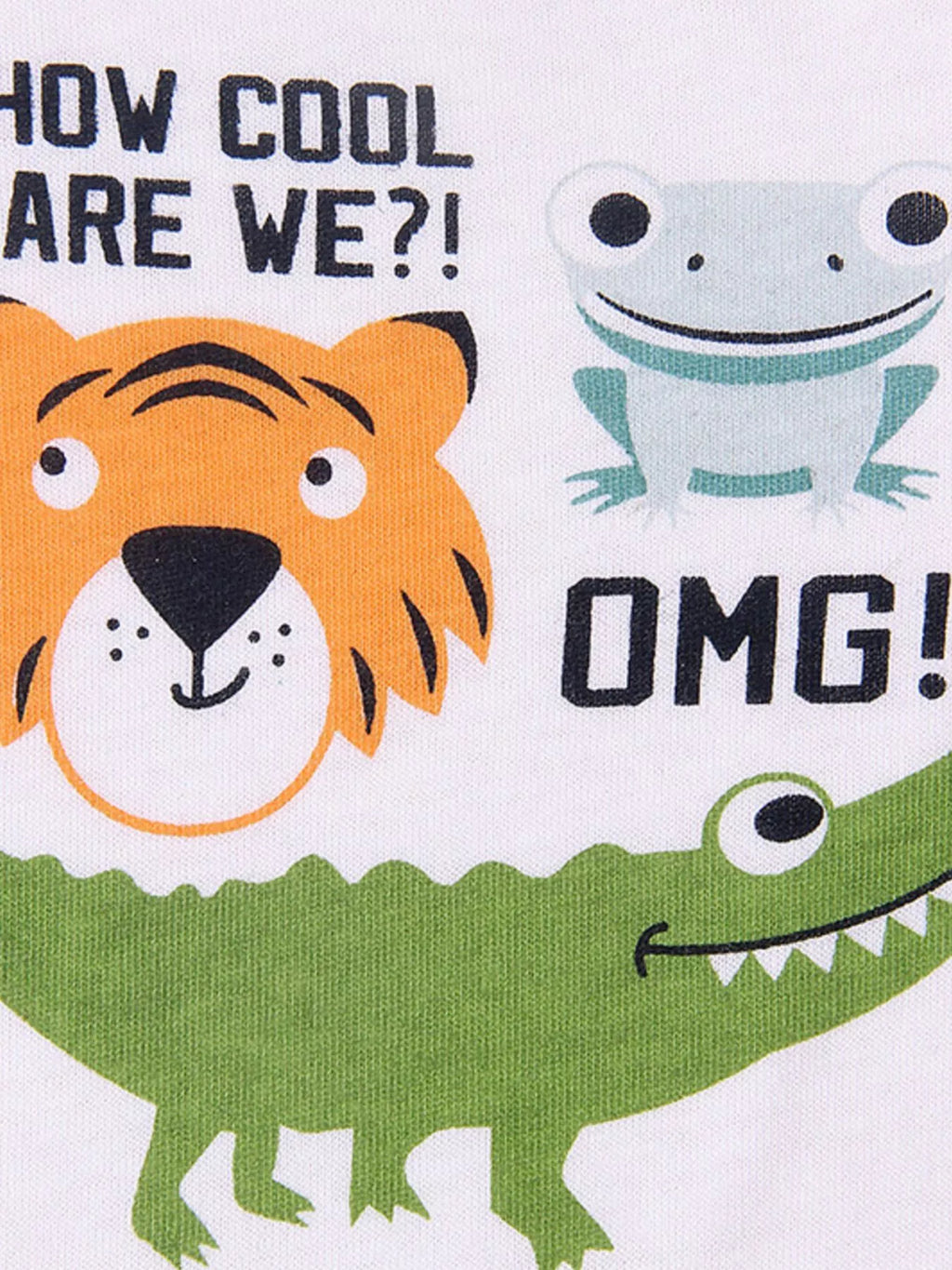 White kids T-shirt with tiger, frog and green crocodile graphic and playful text, front detail view