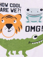 White kids T-shirt with tiger, frog and green crocodile graphic and playful text, front detail view