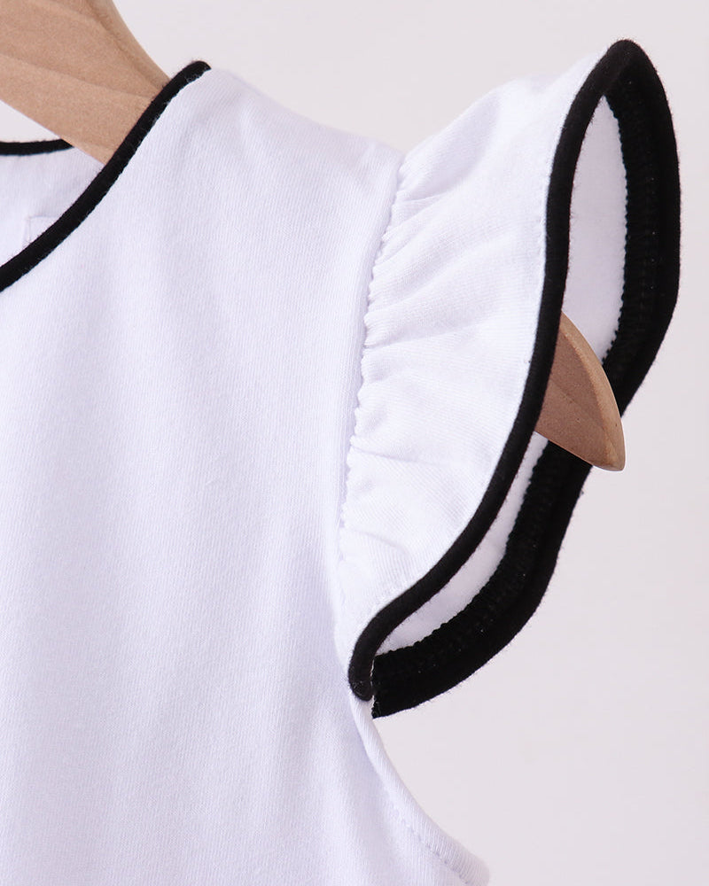 White kids flutter sleeve with black contrast edging, close-up detail view
