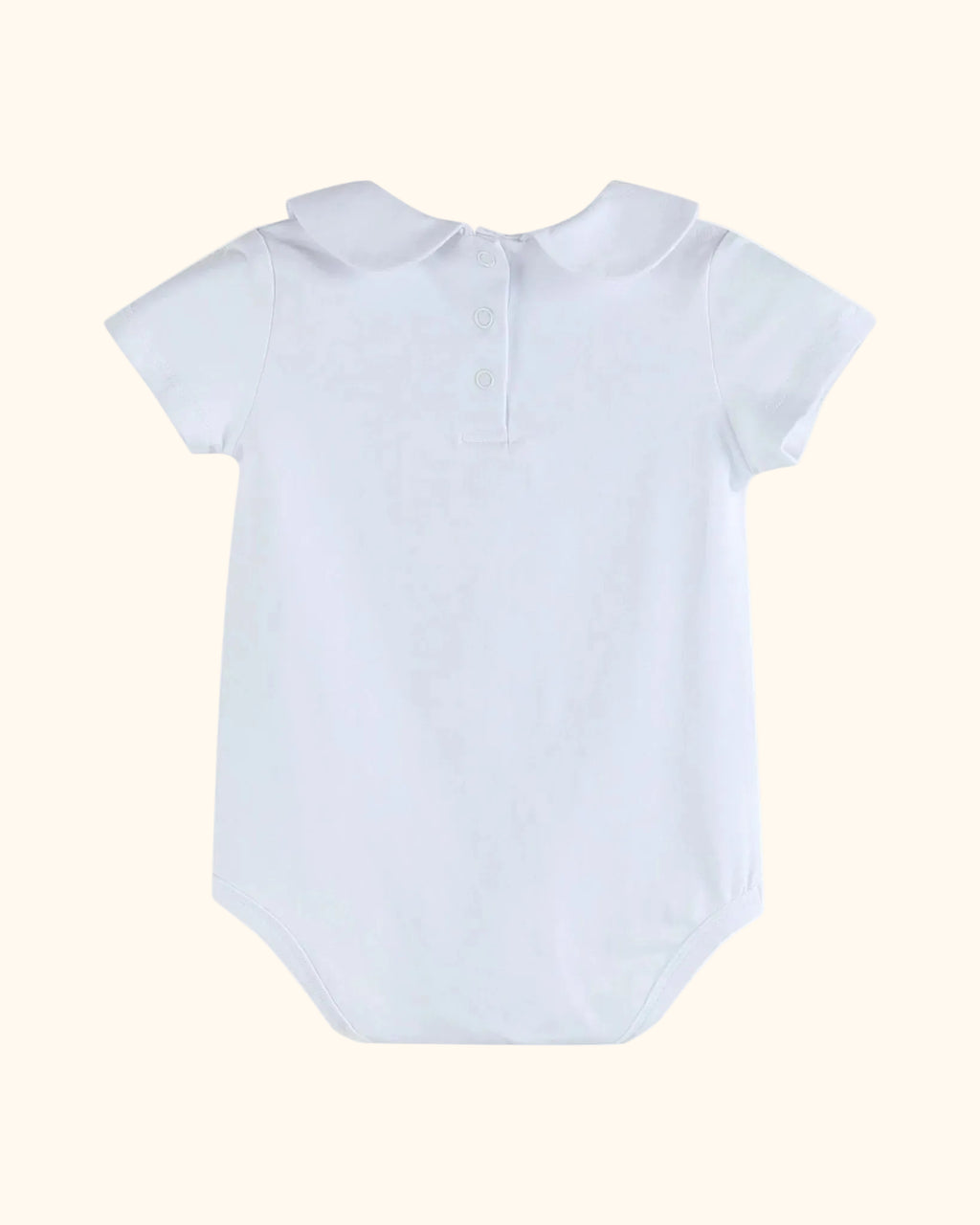 White organic cotton baby bodysuit with back snap placket, back view