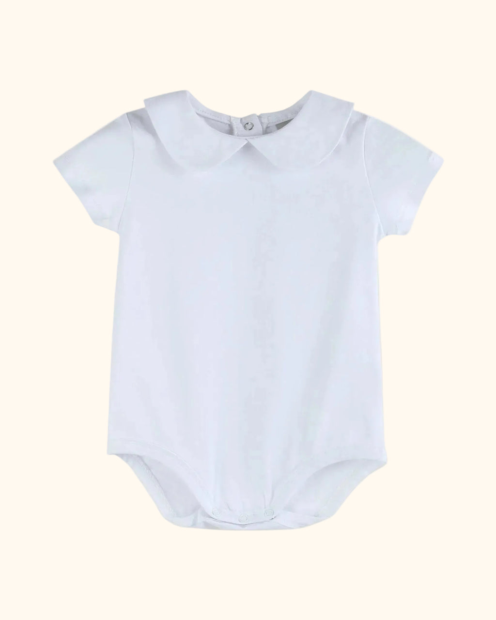 White organic cotton baby bodysuit with Peter Pan collar and short sleeves, front view