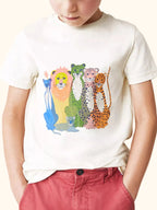 Cream kids wild animal graphic T-shirt worn by child, front lifestyle view