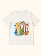 Cream kids wild animal graphic T-shirt with colorful animal artwork, front product view