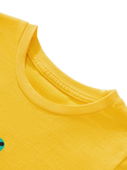 Yellow kids crocodile graphic T-shirt with round neckline, neckline close-up