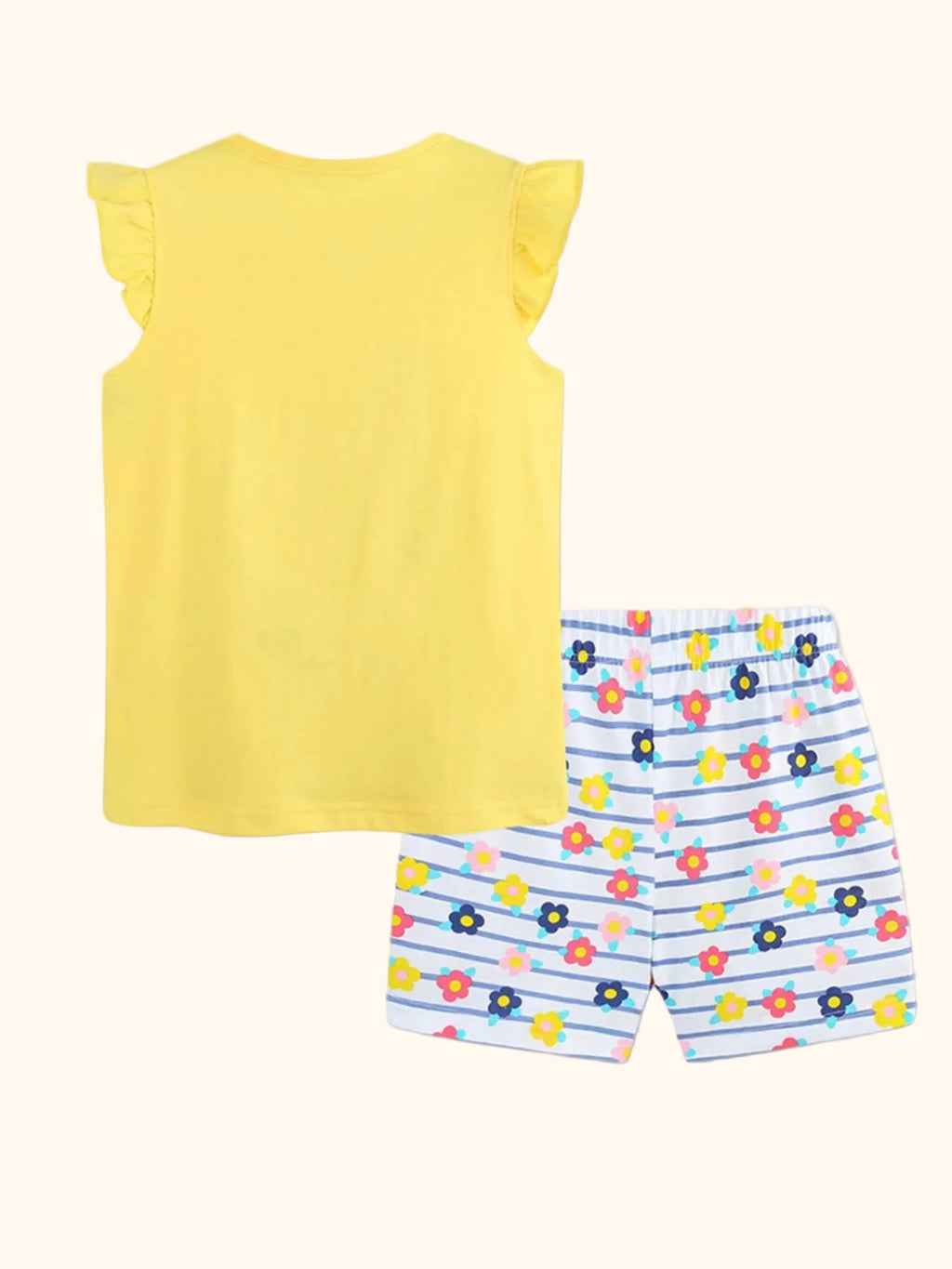 Yellow kids ruffle sleeve top and striped floral shorts set, back product view