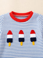 Light blue striped baby tee with three colorful ice cream appliqués and red crew neck, front close-up