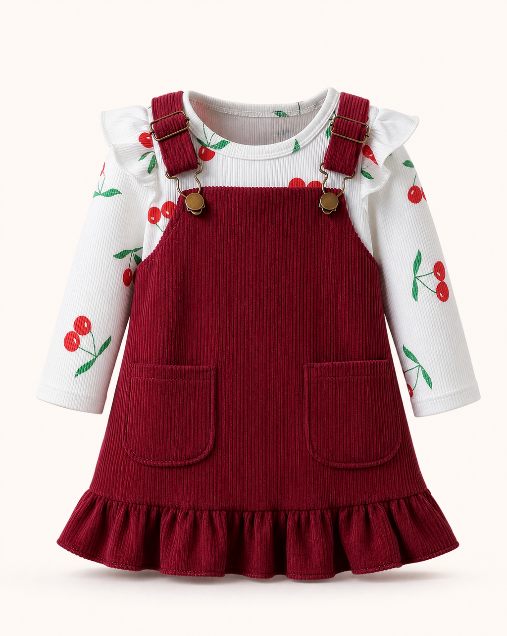 Baby Cherry Bodysuit & Burgundy Corduroy Dress Set