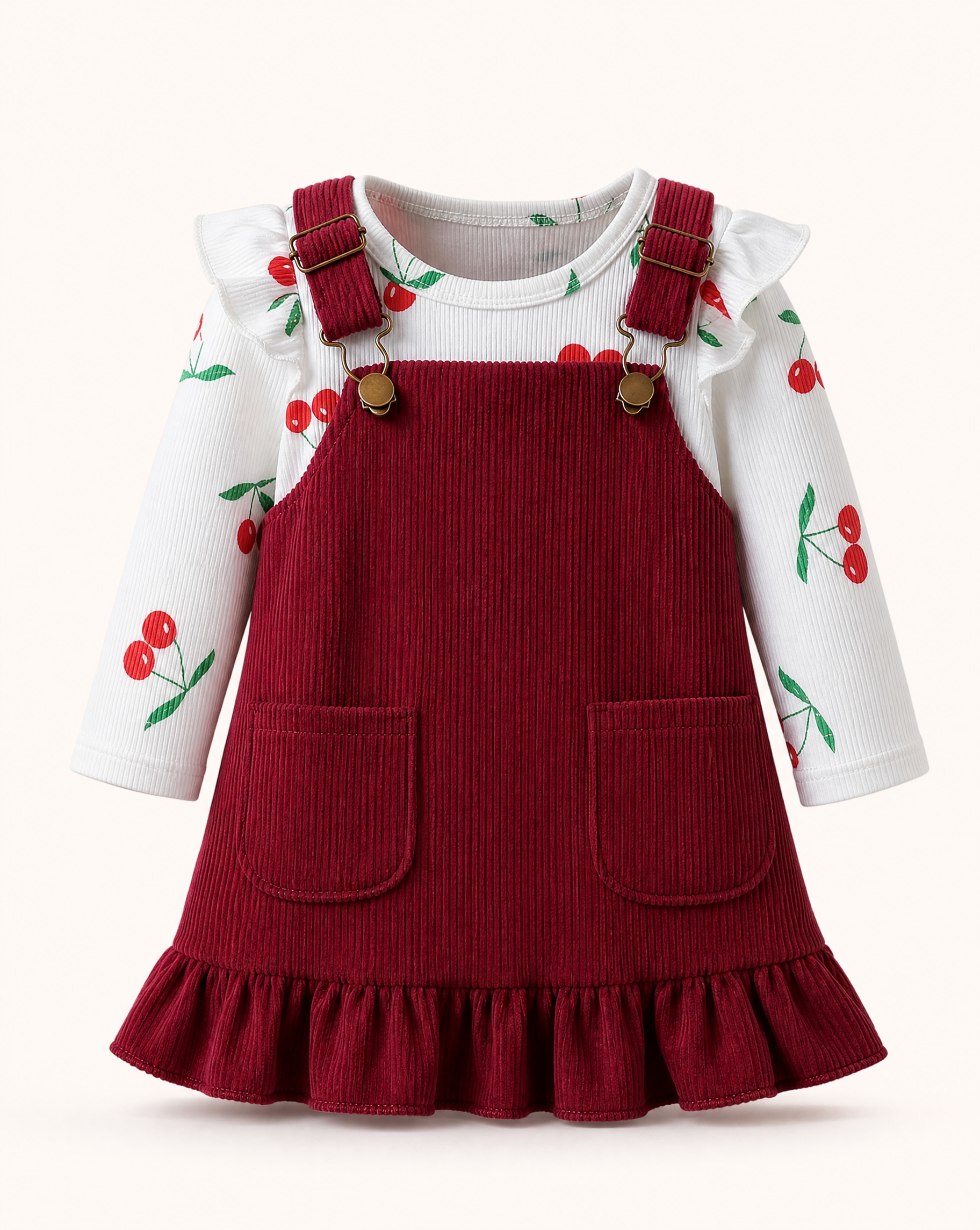 Baby Cherry Bodysuit & Burgundy Corduroy Dress Set