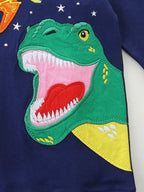 Dark navy kids sweatshirt with green T. rex appliqué and embroidered details, close-up view