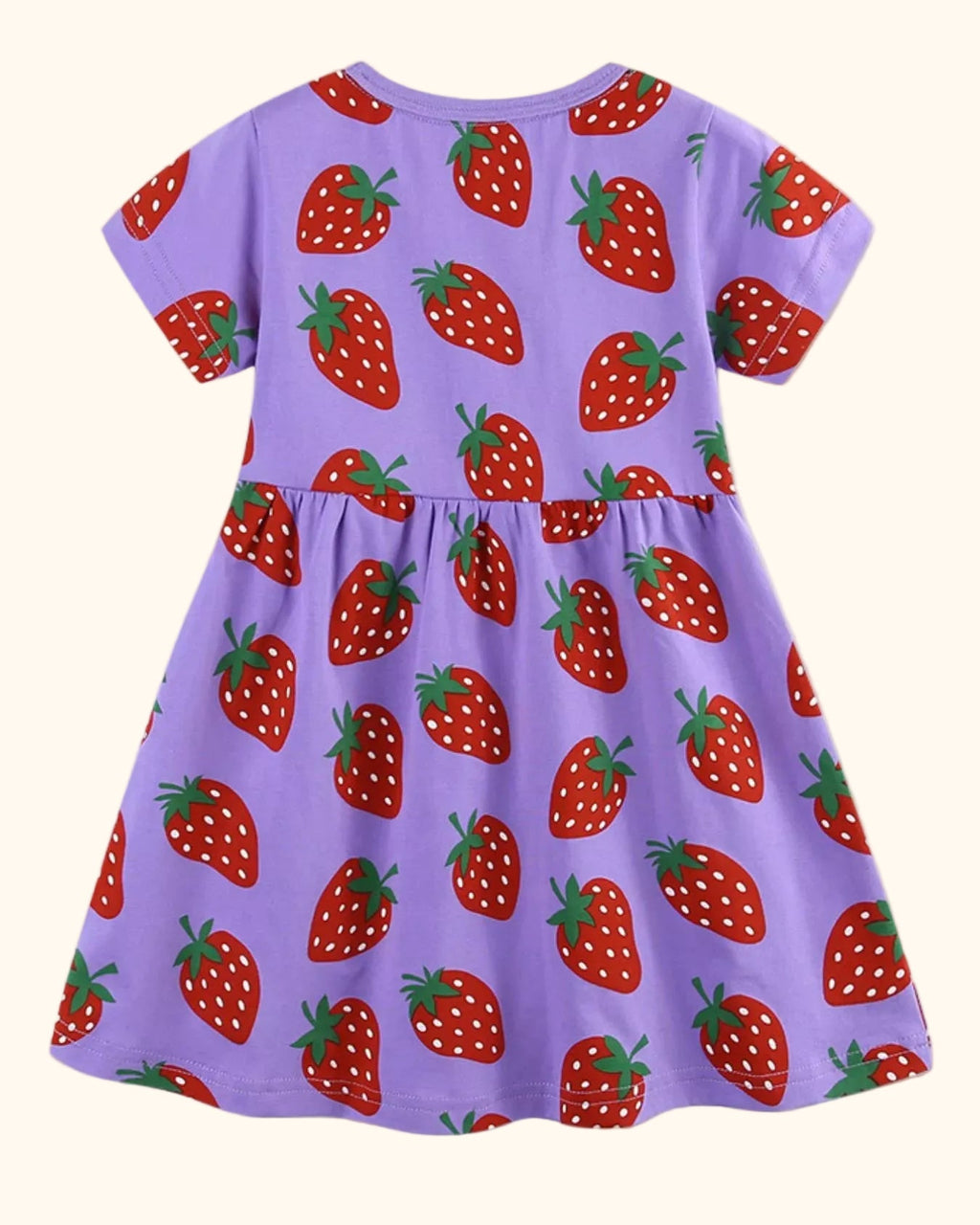 Purple kids strawberry print short sleeve dress with all-over strawberry pattern, back product view