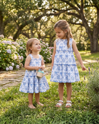 Blue and White Print Layered Ruffle Dress