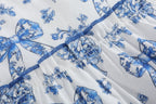 Blue and White Print Layered Ruffle Dress